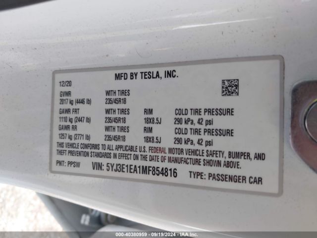 5YJ3E1EA1MF854816 Tesla Model 3 Standard Range Plus Rear-wheel Drive