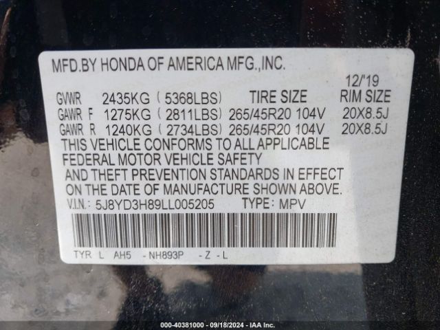 5J8YD3H89LL005205 Acura Mdx Advance Package