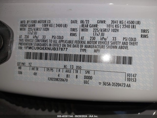 Ford ESCAPE SE 2022 1FMCU9G6XNUB37877 Image 9