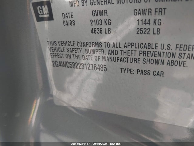 Aukcja sprzedaży 2008 Buick Lacrosse Cx, vin: 2G4WC582281276485, numer aukcji: 40381147