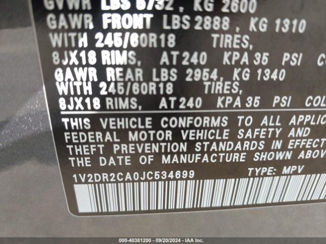 1V2DR2CA0JC534699 Volkswagen Atlas 3.6l V6 Se/3.6l V6 Se W/technology