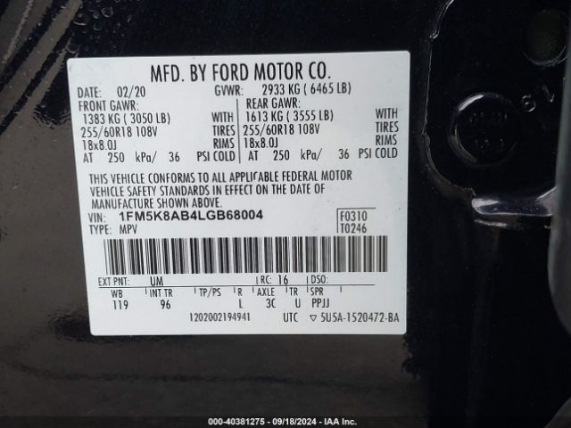 1FM5K8AB4LGB68004 Ford Police Interceptor Utility