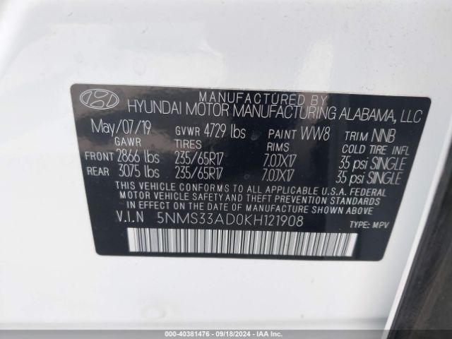 5NMS33AD0KH121908 Hyundai Santa Fe Sel
