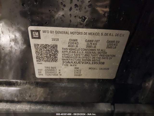 Chevrolet EQUINOX LT 2019 3GNAXUEV1KL195308 Image 9