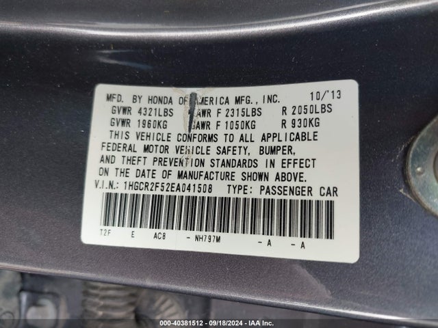 Honda Accord Sport 2014 1HGCR2F52EA041508 Image 9
