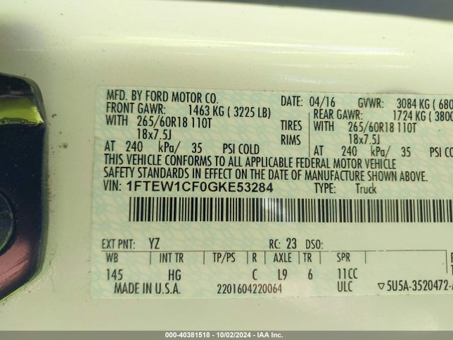 Ford F-150 Lariat 2016 1FTEW1CF0GKE53284 Image 9