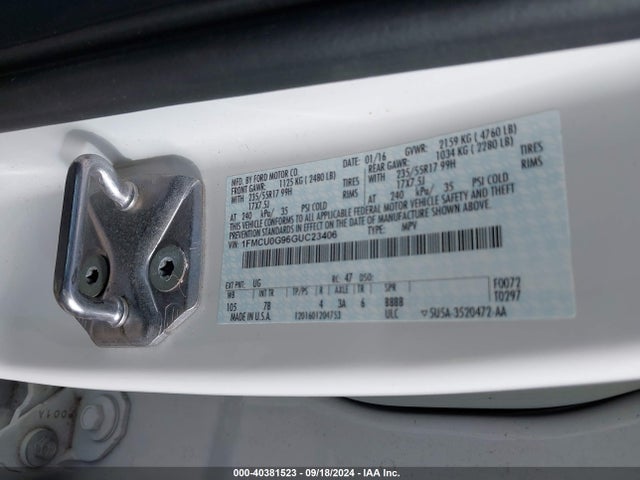 Ford ESCAPE SE 2016 1FMCU0G96GUC23406 Image 9