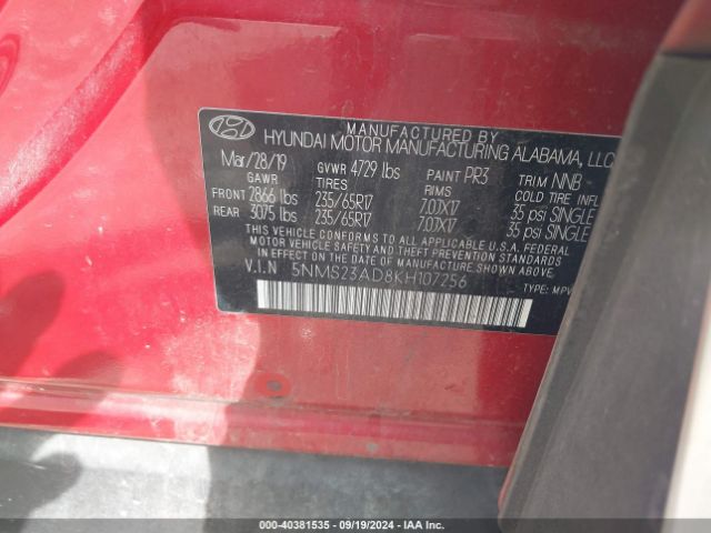 5NMS23AD8KH107256 Hyundai Santa Fe Se
