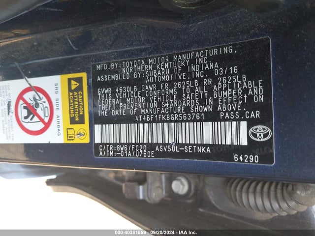 Toyota CAMRY LE 2016 4T4BF1FK8GR563761 Image 9