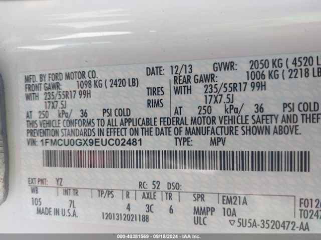 1FMCU0GX9EUC02481 Ford ESCAPE SE