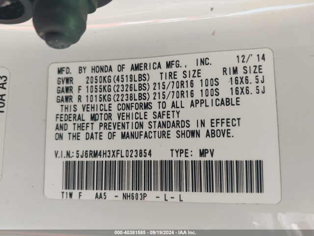 Honda CR-V LX 2015 5J6RM4H3XFL023854 Image 9