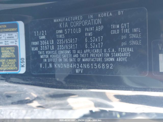 KNDNB4H34N6156892 KIA Carnival Mpv Lx Seat Package