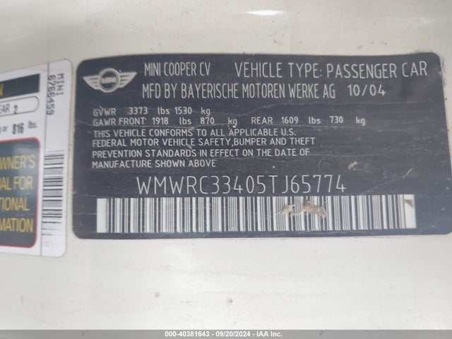2005 MINI COOPER WMWRC33405TJ65774 Photo 8