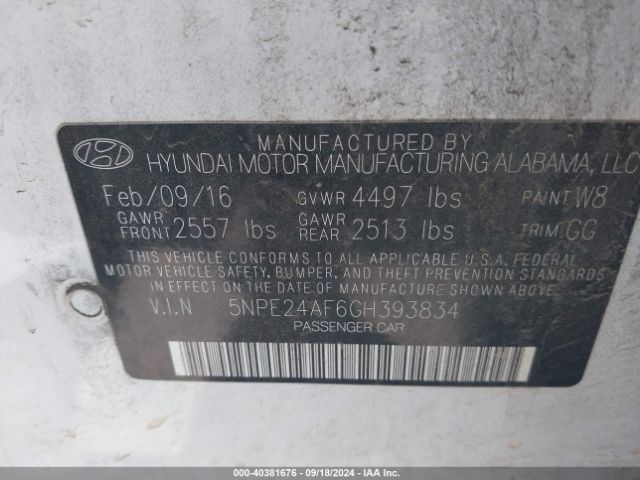 5NPE24AF6GH393834 Hyundai Sonata