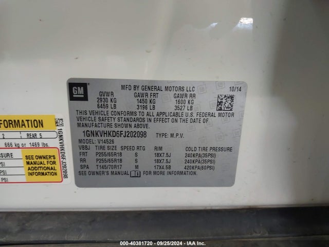 Chevrolet Traverse 2lt 2015 1GNKVHKD6FJ202098 Image 9
