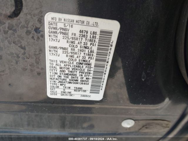 JN8AT2MV3GW136454 Nissan ROGUE S