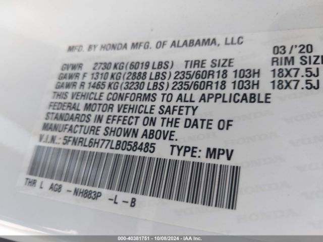 5FNRL6H77LB058485 Honda Odyssey Ex-l/ex-l W/navi   Res