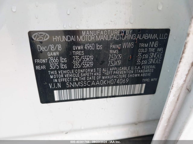 Hyundai Santa Fe Ultimate 2.0t 2019 5NMS5CAA0KH074069 Image 9
