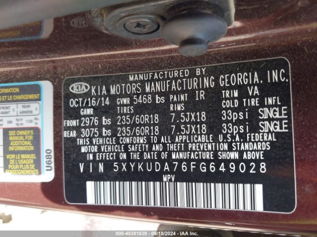5XYKUDA76FG649028 KIA Sorento Ex V6