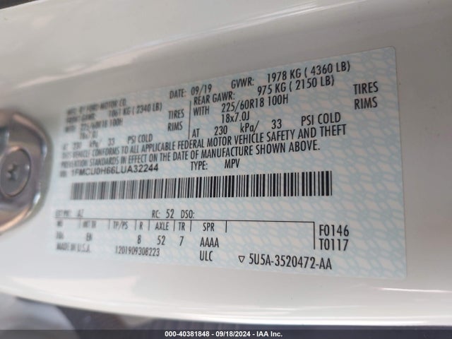 Ford ESCAPE SEL 2020 1FMCU0H66LUA32244 Image 9