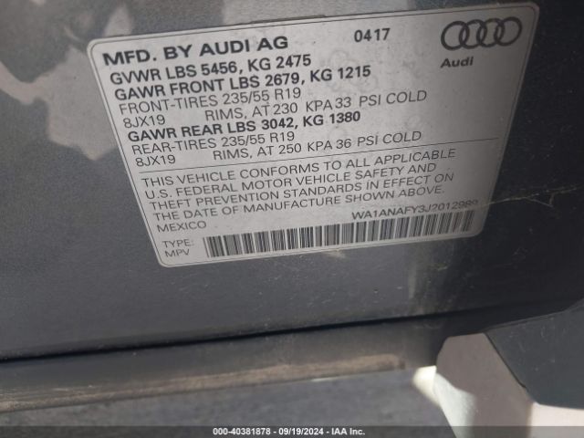 WA1ANAFY3J2012989 Audi Q5 2.0t Premium/2.0t Tech Premium