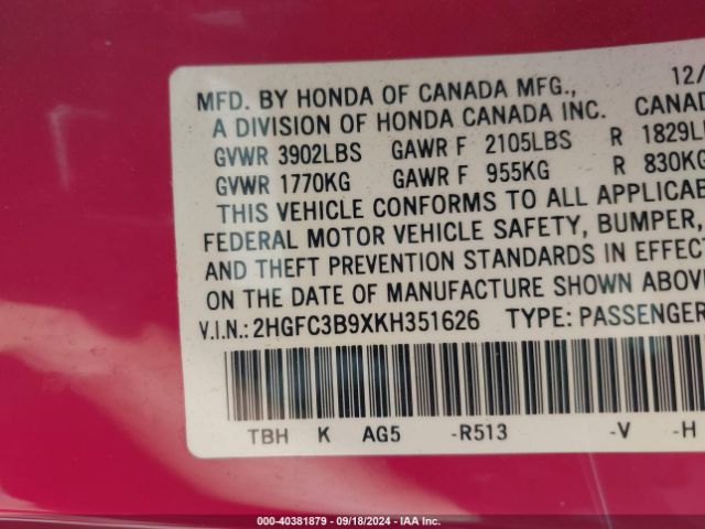 2HGFC3B9XKH351626 Honda Civic Touring