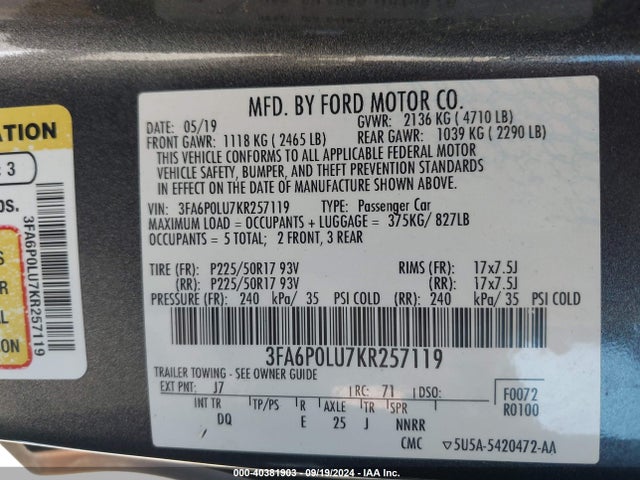 Ford Fusion Hybrid Se 2019 3FA6P0LU7KR257119 Image 9