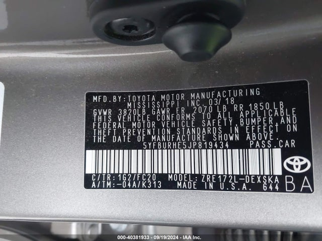 Toyota COROLLA SE 2018 5YFBURHE5JP819434 Image 9
