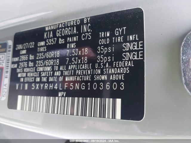 5XYRH4LF5NG103603 KIA SORENTO EX