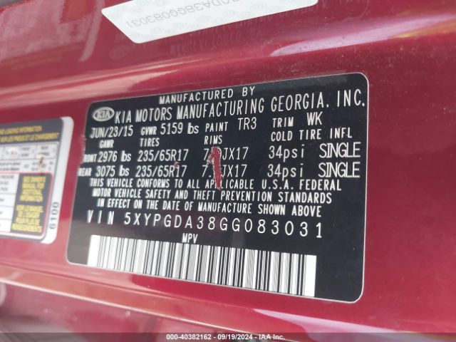 5XYPGDA38GG083031 KIA Sorento 2.4l Lx