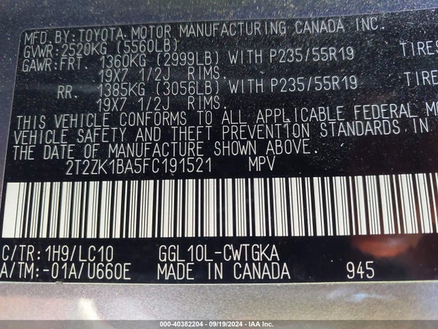 2T2ZK1BA5FC191521 Lexus RX 350