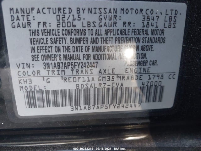 Nissan SENTRA SR 2015 3N1AB7AP5FY242447 Image 9