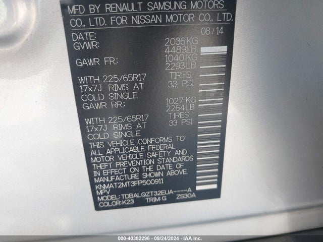Nissan ROGUE SV 2015 KNMAT2MT3FP500911 Image 9