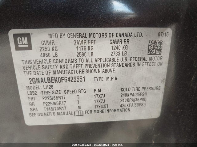 Chevrolet EQUINOX 1LT 2015 2GNALBEK0F6425551 Image 9