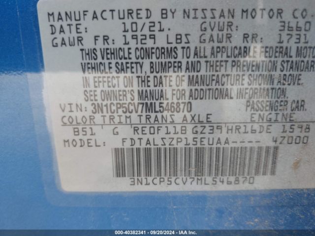 3N1CP5CV7ML546870 Nissan Kicks Sv Xtronic Cvt