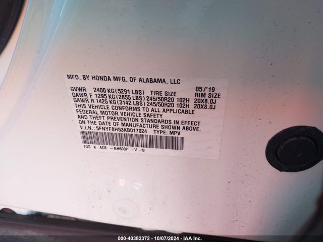 Honda Passport Ex-l 2019 5FNYF8H53KB017024 Image 9