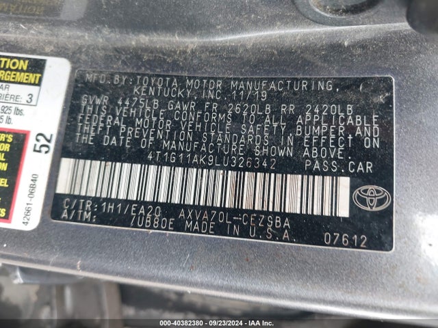 Toyota CAMRY SE 2020 4T1G11AK9LU326342 Image 9
