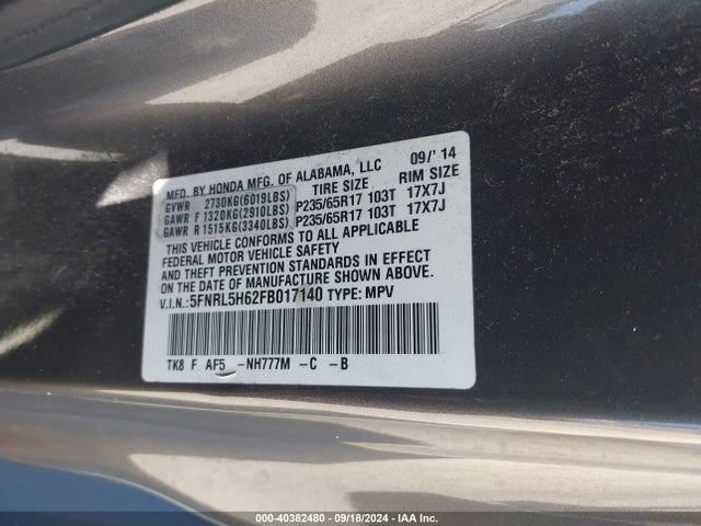 Honda Odyssey Ex-l 2015 5FNRL5H62FB017140 Image 9