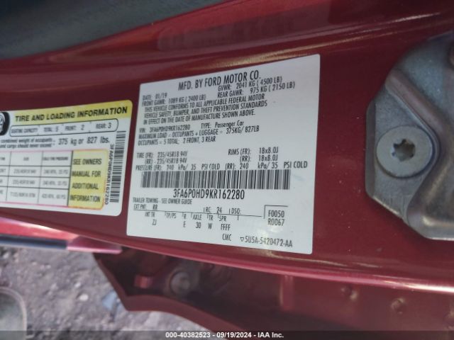3FA6P0HD9KR162280 Ford FUSION SE