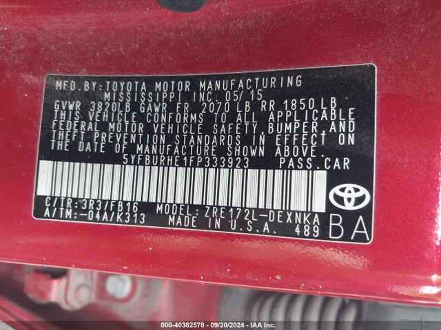 Toyota COROLLA LE 2015 5YFBURHE1FP333923 Image 9