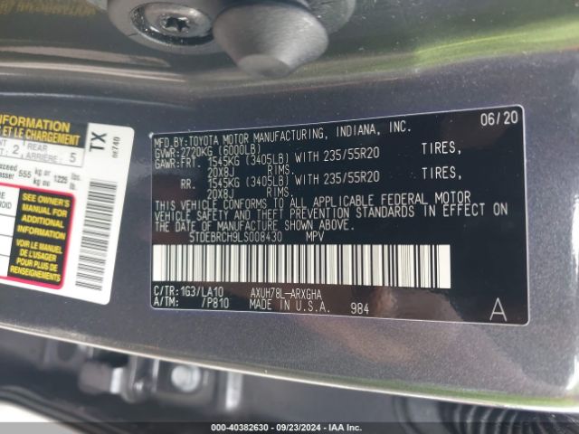 5TDEBRCH9LS008430 Toyota Highlander Hybrid Platinum