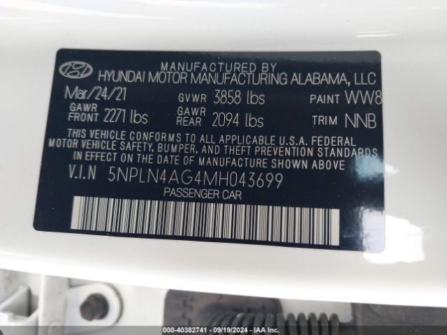 5NPLN4AG4MH043699 Hyundai ELANTRA SEL