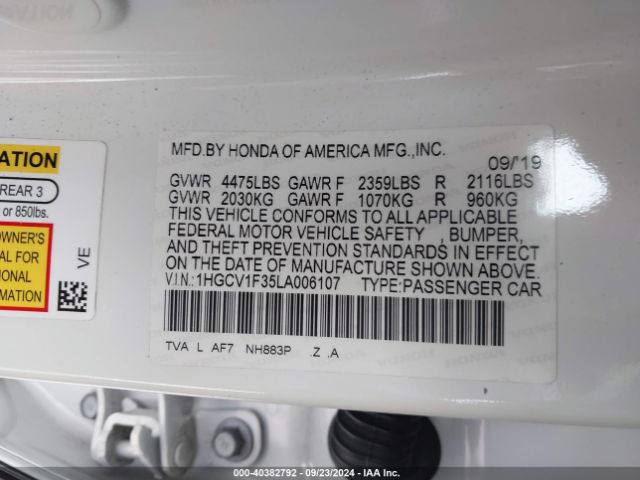 1HGCV1F35LA006107 Honda Accord Sport