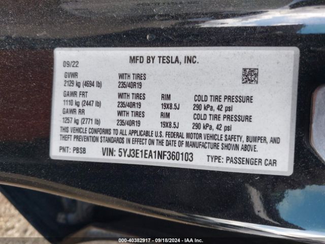 5YJ3E1EA1NF360103 Tesla MODEL 3