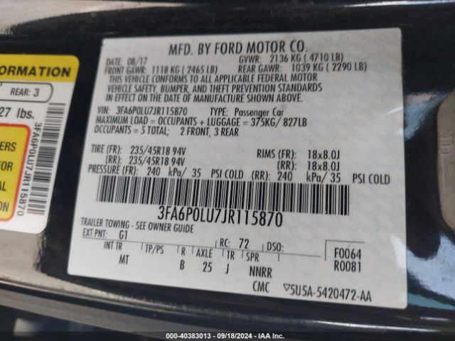 3FA6P0LU7JR115870 Ford Fusion Hybrid Se