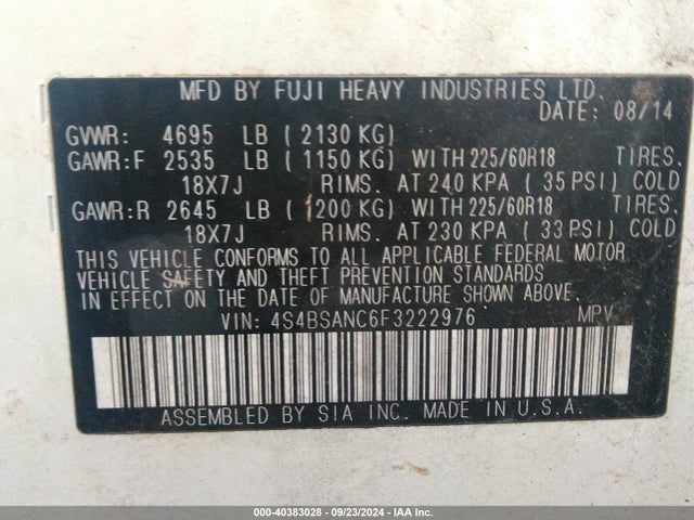 Subaru Outback 2.5i Limited 2015 4S4BSANC6F3222976 Image 9
