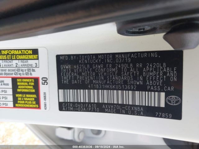 4T1B31HK6KU513692 Toyota Camry Hybrid Le