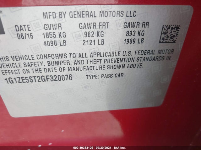 Chevrolet MALIBU 1LT 2016 1G1ZE5ST2GF320076 Image 9