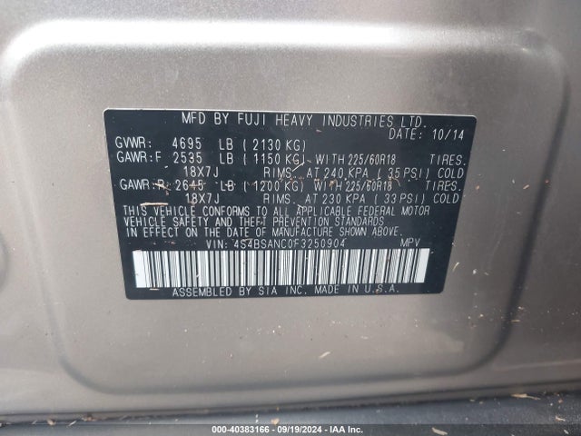 Subaru Outback 2.5i Limited 2015 4S4BSANC0F3250904 Image 9