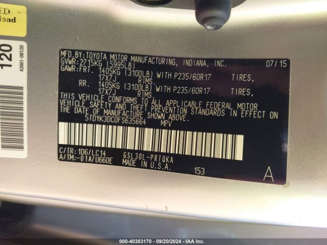 5TDYK3DC0FS635664 Toyota Sienna Xle Premium 8 Passenger